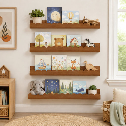 Trinx Set of 4 Wall-Mounted Scalloped Floating Book Shelves in Dark Walnut Finish, Ideal for Nursery, Kids' Bedroom, Baby Room, or Kitchen Display | Wayfair