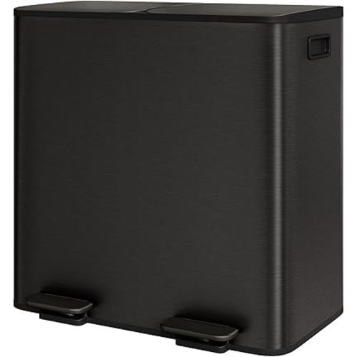GarveeHome 2 x 10.6 gal (2 x 40 L) Double Kitchen Trash Can, Stainless Steel Large Trash Can w/Soft-Close Lid & Recycle Bin Combo, Step-on Metal Garbage Cans, PP Inner Buckets, Liner Rim, Black