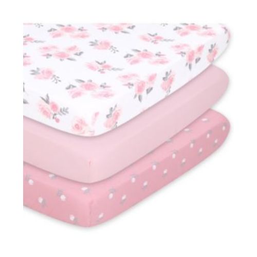Pack n Play, Mini Crib, Portable Crib or Fitted Playard Sheets for Baby Girl, Pink Roses and Ditsy Floral, 3 Pack Set