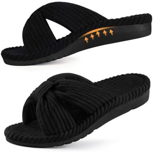 Orthopedic Arch Support Slippers for Women Comfortable Open Toe Indoor House Slippers Corduroy Cross Bow Bedroom Shoes for Plantar Fasciitis