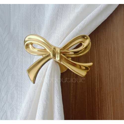Solid Brass Bow Curtain Holdbacks: Luxury Wall Mounted Tie Backs -QHKHAND025