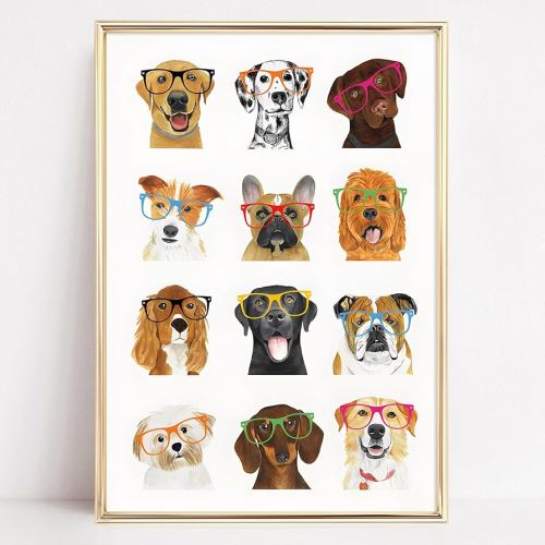Dog With Glasses Canvas Wall Art Funny Pet Pictures Cute Dog Posters For Room Animal With Glasses Wall Art Cartoon Dog Funny Canvas Prints Cute Pet Painting Colorful Animal Artwork 16x24inch No Frame