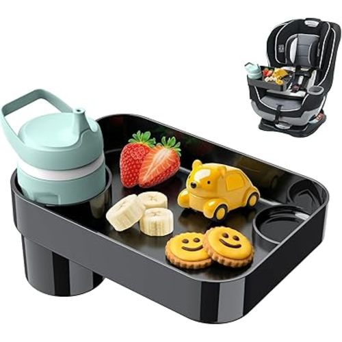Car Seat Snack Tray for Toddlers - 3 Inch Cup Holder Fits Most Sippy Cups & Straw Bottles with Dip Well, Mess-Free Square Kids Travel Tray Road Trip Essentials, Black