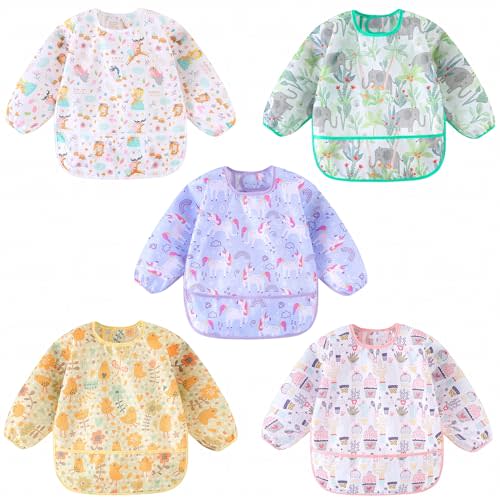 HaimoBurg Long Sleeved Bibs, Pack of 5,Lightweight Waterproof Shirt Bibs for Baby Toddler 6-30 Months