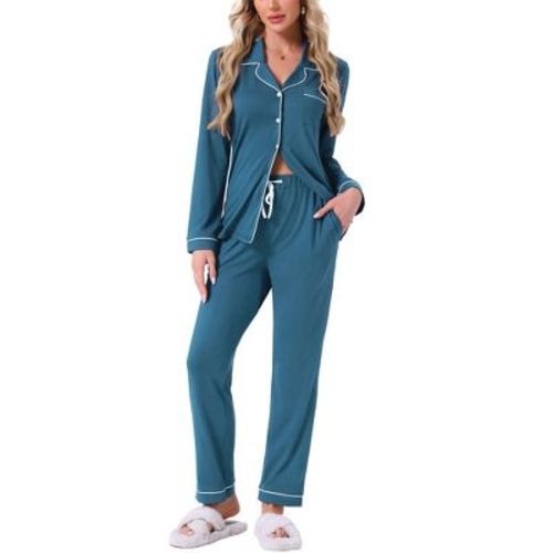 INSPIRE CHIC Womens Long Sleeve Button Down with Pockets Notch Collar Pants Pajama Sets X-Large Peacock Blue