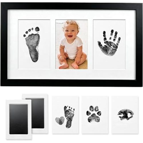 Hand and Footprint Kit,Inkless Handprint Kit with 2 Safe Clean-Touch Ink Pads and a Wooden Baby Picture Frame Gifts for New Parents, Shower Gift-Black