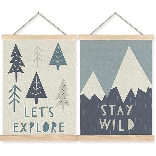 BearCake Stay Wild Jungle Nursery Travel Hanging Wall Decor Art Set of 2, Watercolor Woodland Mountain Wall Decor for Baby Toddler Boy Girl Room Nursery Playroom,12x16 Inches Framed