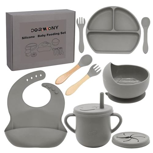 100% Silicone Baby Feeding Set, BPA Free, 9 Pcs: Suction Bowl, Divided Plate, Toddler Self Feeding Dish Set with Spoons, Forks, Sippy Cup, Bib, Beige
