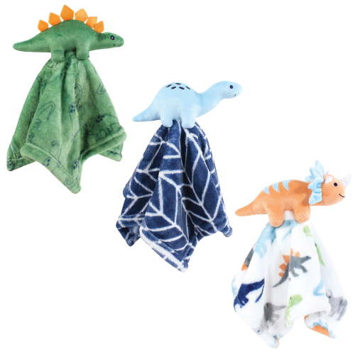 Hudson Baby Unisex Baby Animal Face Security Blanket, Dinosaurs 3-Pack, One Size