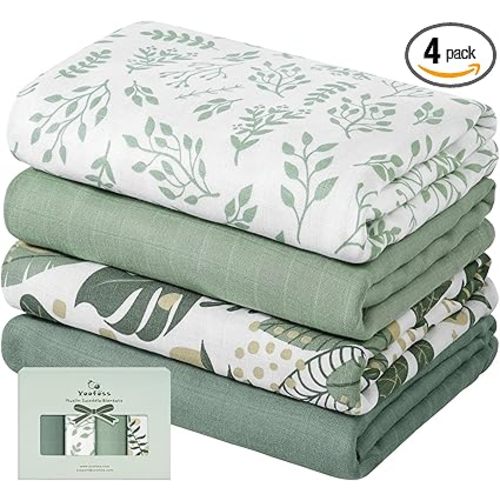 Yoofoss Muslin Swaddle Blankets, 4 Pack Receiving Blankets for Boys and Girls, 47 x 47 Inches Muslin Baby Blankets Soft Breathable - Green