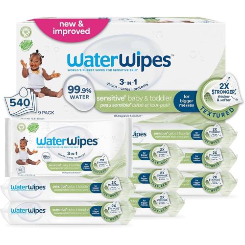 WaterWipes Sensitive+ Baby & Toddler Wipes, 3-In-1 Cleans, Cares, Protects, 99.9% Water, Textured Clean, Unscented & Hypoallergenic, 540 Count (Pack of 9)