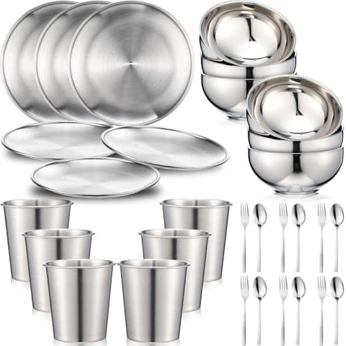 30 Pcs 304 Stainless Steel Dinner Set Stainless Steel Plates and Bowls Include Plates Bowls Cups Forks Spoons Utensil Reusable Metal Camping Dinnerware Tableware for Home Picnic Kitchen(Silver)