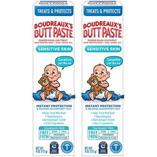 Boudreaux's Butt Paste for Sensitive Skin Diaper Rash Cream, Ointment for Baby, 4 oz Tube, 2 Pack