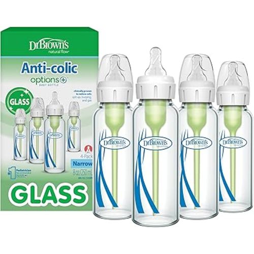 Dr. Brown's Anti-Colic Options+ Narrow Glass Baby Bottle with Level 1 Slow Flow Nipple, BPA-Free, 8 oz/250 mL, 0m+, 4-Pack (Packaging May Vary)