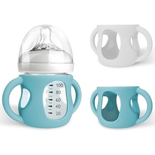 AUDRWALL Silicone Sleeves for Avent Natural Glass Baby Bottles, BPA Free, Anti Breakage Baby Bottle Holder (Green + White, 4 Ounce)