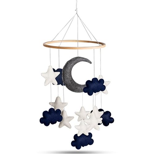 Baby Mobile for Crib - Blue Moon, Stars, and White Clouds Handmade Nursery Mobile- Crib Mobile for Boys