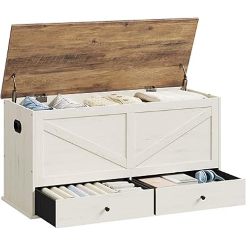 VASAGLE Storage Chest, Storage Bench with 2 Fabric Drawers, Farmhouse Style, for Entryway, Bedroom, Living Room, 15.7 x 39.4 x 19.9 Inches, Rustic White and Honey Brown ULSB043W02