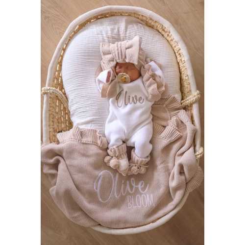 Beige and white frill newborn announcement full length romper