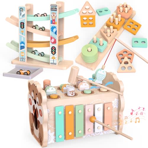 Wooden Montessori Toys for Toddlers 1-3, Baby Pounding Hammering Toy with Xylophone & Fishing Game, Car Ramp Racer, Stacking Blocks & Shape Sorter, 3 in 1 Learning Multi-Activity Set for 1 + Year Old