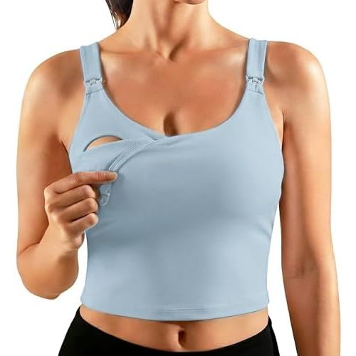 Ecavus Nursing Bras for Breastfeeding Longline Sports Maternity V Neck Buttery Soft Crop Tank Top with Built in Bra