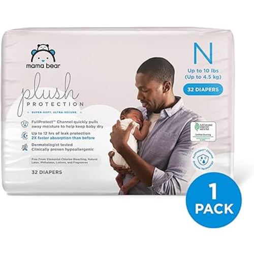 Amazon Brand - Mama Bear Plush Protection Diapers - Size Newborn, 32 Count, Hypoallergenic Premium Disposable Baby Diapers, White and Cloud Dreams