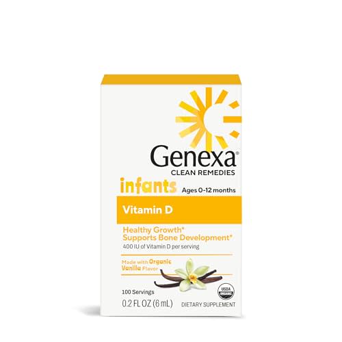 Genexa Infants Vitamin D Liquid Drops for Newborn, Baby & Toddler | Supports Growth & Bone Development | Delicious Organic Vanilla Flavor | Certified Organic, Gluten Free, & Non-GMO | 90 Servings