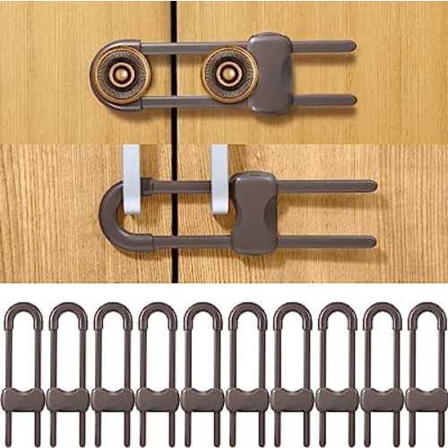 Jetec 10 Pieces Cabinet Locks for Babies, U-Shaped Proofing Drawers Safety Child Locks Adjustable, Easy to Use Childproof Latch for Knob Handle on Kitchen Door Storage Cupboard Closet (Brown)