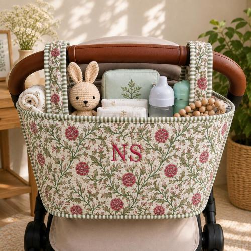 Floral Block Print Stroller Organizer, Handmade Cotton Pram Caddy, Diaper Storage Basket