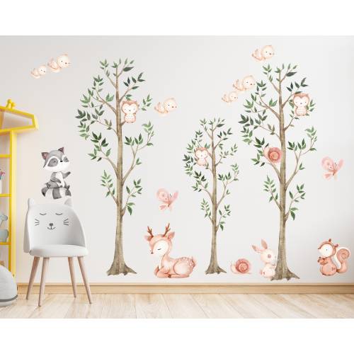 Watercolor Woodland Tree Wall Decal: Forest Animals Nursery Mural