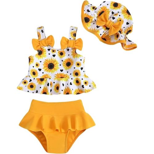 Mioglrie Baby Infant Swimsuit Girl Toddler Bathing Suit Girl Summer Beach Bikini Tankini Swimwear Hat 3-24 Months 2t-5t