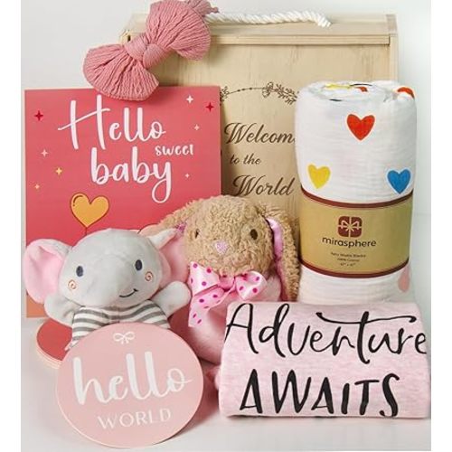 Baby Shower Gifts for Girls - New Born Baby Girls Gift Basket - Baby Gifts for Newborn Girl Essentials Stuff - Gender Reveal Ideas Welcome Baby Girl - Rattle Swaddle Blanket Monthly Milestone Card Set