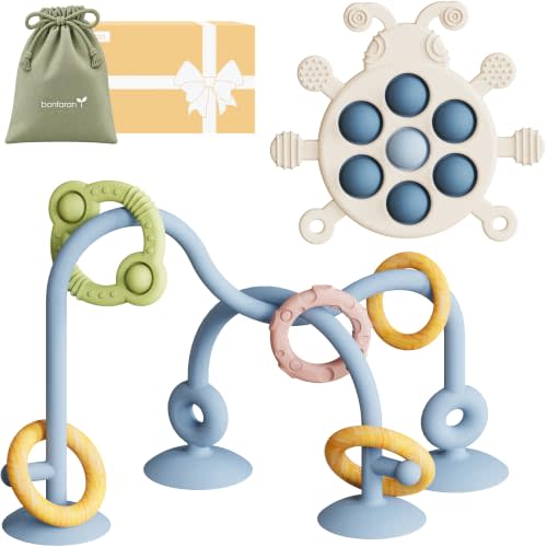 High Chair Suction Cup Toy & Teething Toy Set, Sensory Toy [Sky Blue] | Montessori Toy, Silicone Baby Toy, Strong Suction, Pop-It Fidget Toy, BPA-Free, Restaurant & Table Toy, Busy Baby Toy