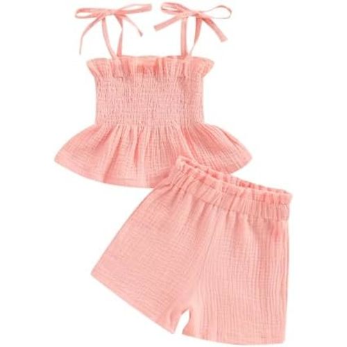 VISGOGO Infant Baby Toddler Girls Summer Clothes Solid Color Sleeveless Camisole Linen Short Set Baby Summer Outfits