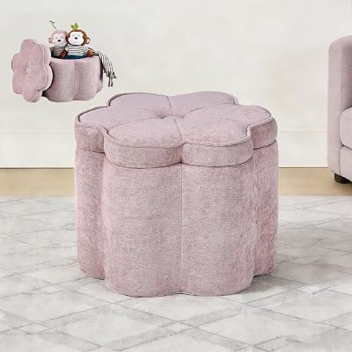 Crestview Collection 14.5" H Pink Flower Storage Ottoman,Sandy Pink