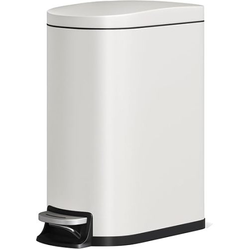 Garvee Slim 13 Gallon Trash Can with Lid, Step-on Metal Kitchen Garbage Bin with Lid & Inner Bucket, Rustproof Design, Soft-Close Lid & Rear Handle for Easy Use, Creamy White