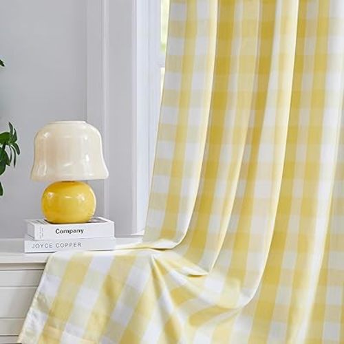 Short Yellow White Buffalo Plaid Blackout Curtains 63 Inch,Darkening Thermal Insulated Double-Layer Drapes,Cottage Window Treatment for Bedroom Living Room,Rod Pocket Back Tabs,40" Wx63 Lx2
