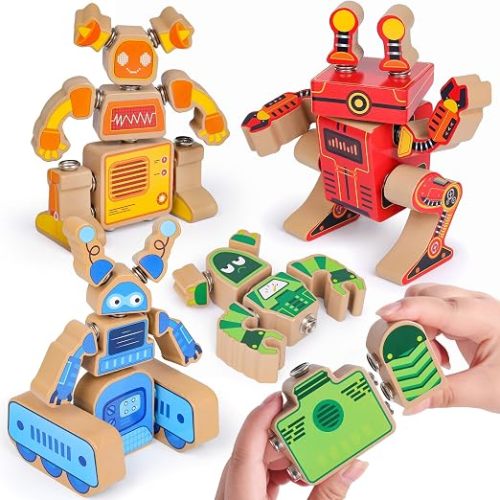 Coogam Fine Motor Building Robot Blocks for 3 4 5 Years Old Kids | Wooden Snap Together Builders, STEM Take Apart Robot Playset, Educational Learning Toy Gift for Boys Girls