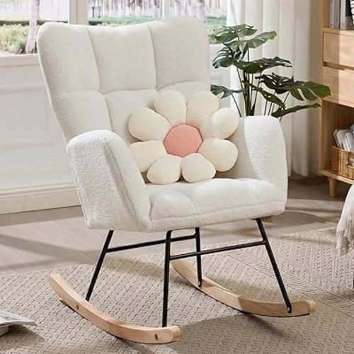 Rocking Chair Nursery, Teddy Upholstered Rocker Glider Chair with High Back, Rocker Recliner with Armrest, Gliding Chair with Thick Cushion, Accent Reading Chair for Bedroom (Ivory)