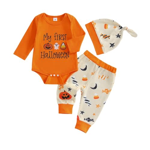 Newborn Baby Boy Halloween Outfit Pumpkin Ghost Romper Infant Pants Hat 3PCS Clothes Set