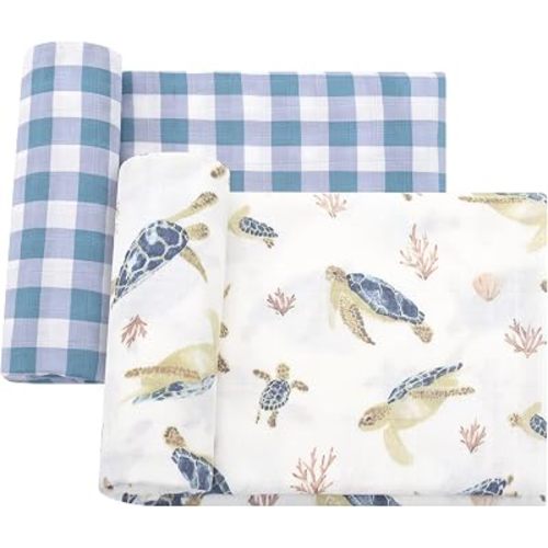 LifeTree Baby Swaddle Blankets, Boys Girls Muslin Swaddling Wrap Receiving Blanket for Newborn, 70% Viscose from Bamboo and 30% Cotton, Large 47" x 47", Sea Turtle and Blue Checkered