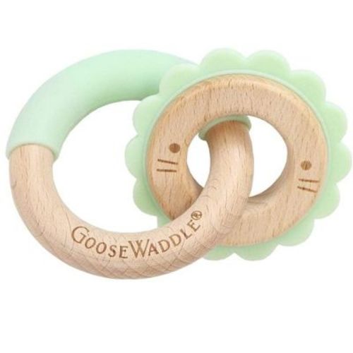GooseWaddle Silicone + Wood Double Ring Teether Mint Lion