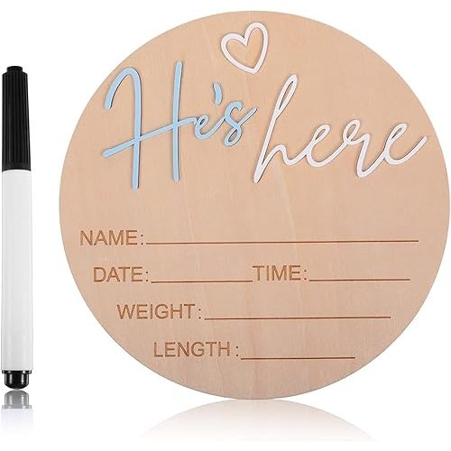 2pcs Baby Announcement Sign, Wooden Newborn Birth Announcement Board with 3D Heart, 5.9” Round Newborn Photo Prop, for Hospital, Nursery Décor, and Gender Reveal (Light Blue)