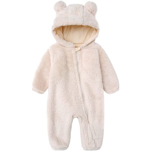 Tengoait Newborn Baby Fluffy Jumpsuit Cute Bear Hooded Onesie Romper Pram Zipper Outfits - Beige