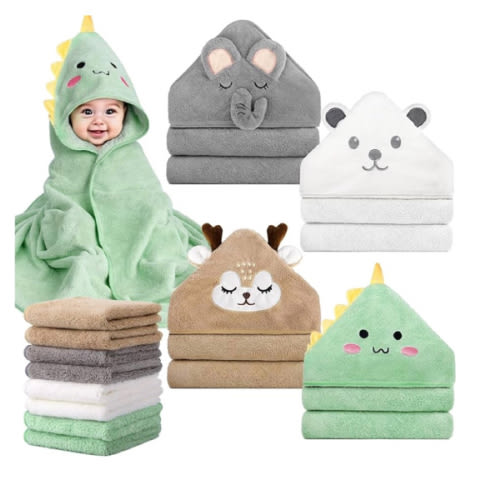 CandyHome 12 PCS Baby Bath Towels Set for Infants Toddlers, 4 PCS Animal Hooded Baby Towels & 8 PCS Washcloths Set, Ultra Absorbent Cute Soft Newborn Essentials Gift for Boys & Girls