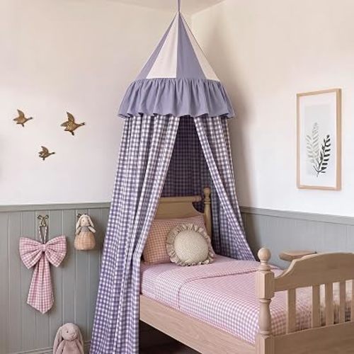 SmoothNovelty 100% Cotton Gingham Plaid Bed Canopy, Purple