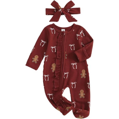 Userdefined Baby Girl Christmas Outfit Romper Onesie Candy Cane Print Footie Jumpsuit Baby Fall Winter Clothes