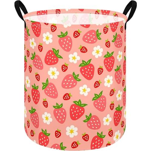 Kids Laundry Hamper Clothes Gift Basket Storage Laundry Baskets Organizer Bin with Handles for Nursery Room (Strawberry)