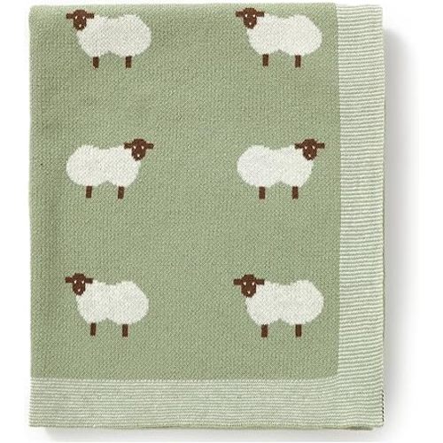Hadetoto 100% Cotton Baby Blanket Knit Soft Cozy Swaddle Receiving Blankets Toddler Infant Blanket with Lovely Sheeps for Newborn Boy Girls - Light Green, 90 x 70cm