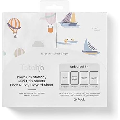 TotAha Premium Stretchy Pack N Play Playard Sheets | Mini Crib Sheets (2-Pack)-Hypoallergenic, Silky Comfort, Buttery Soft, Calming Effect, All-Season Jersey-Knit Sheets 38 X 24 (Balloon & Sailboat)