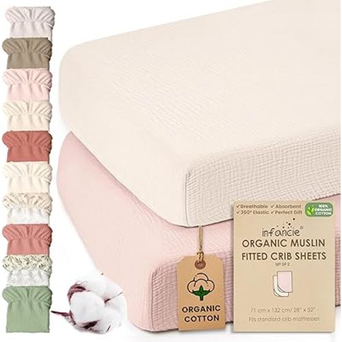 100% Organic Cotton Muslin Crib Sheets (Set of 2) – Soft & Breathable Fitted Sheets for Boys and Girls, Neutral Colors – Fits Standard Baby Crib Mattress (28 x 52 Inches) (Peach/Ivory)